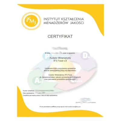 IFS Food Audytor wzór certyfikatu